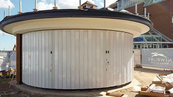 Solid panel curved sliding shutter going around a semicircle